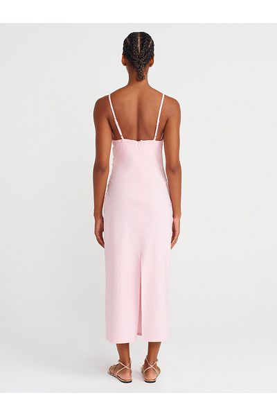 Dilvin 91479 Drawstring Midi Dress-Powder Pink
