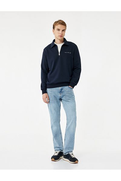 Koton Embroidered Long Sleeve Half Zip Polo Neck Sweatshirt