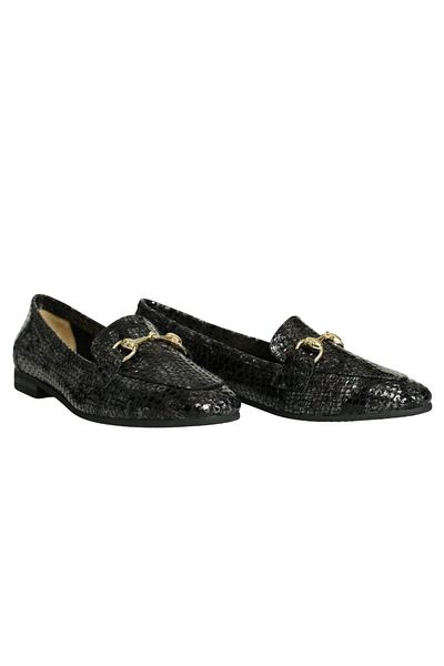 Platin Gray Black Leather Women's Buckle Ballerinas