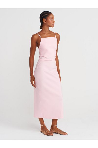 Dilvin 91479 Drawstring Midi Dress-Powder Pink