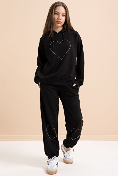 Cansın Mini Σετ κοριτσίστικη φόρμα με κουκούλα μαύρη καρδιά 21253