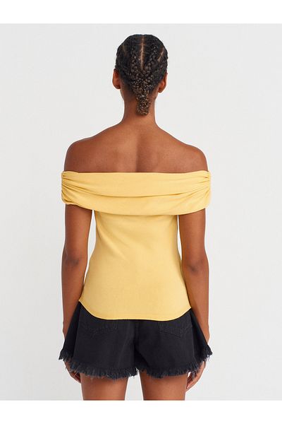 Dilvin 10797 Bardot Collar Metal Detailed Knitwear Blouse-Dark Yellow