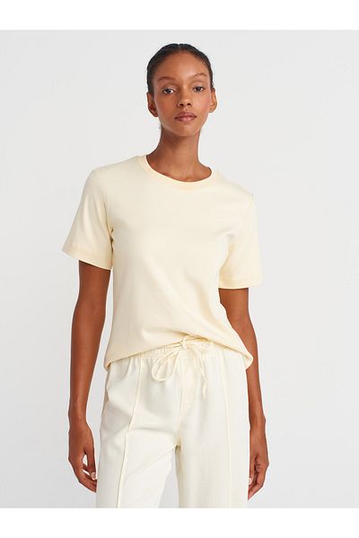 Dilvin 31763 Crew Neck T-Shirt-Light Yellow