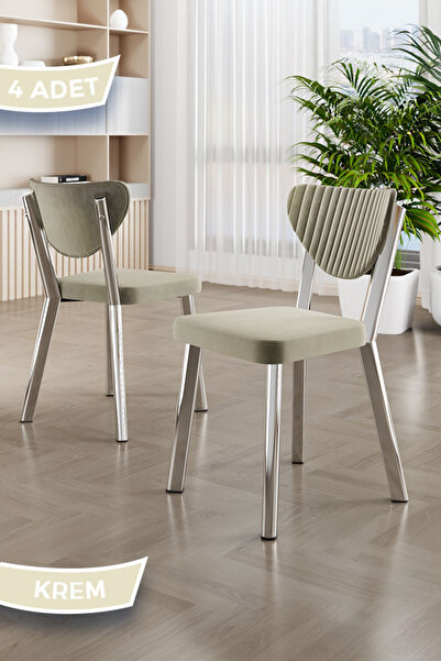 Canisa Arfe Serisi 4 Adet Krem Mutfak Sandalyesi Krom Kaplama Metal Ayak 1. S...