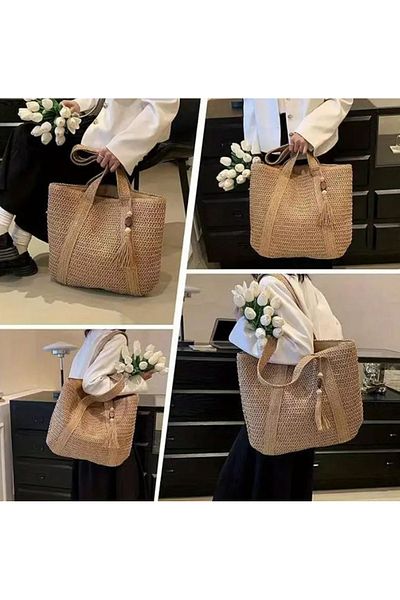 Büyük Hanım Large Size Straw Zippered Tasseled Beach Bag