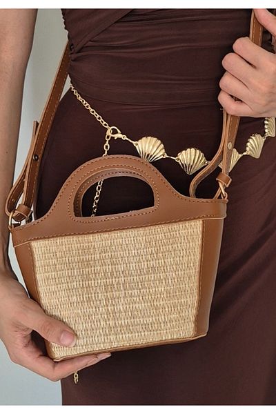 İzel Çakran Women's Tan Leather Detailed Mini Summer Straw Hand & Shoulder Bag - Daily Crossbody Bag