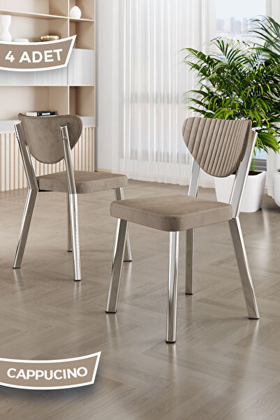 Canisa Arfe Serisi 4 Adet Cappucino Mutfak Sandalyesi Krom Kaplama Metal Ayak...
