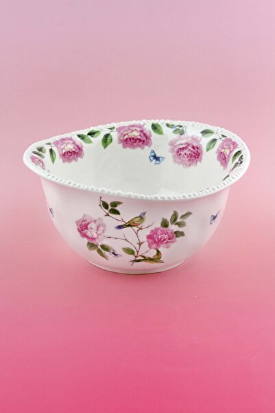 Bursa Porselen Dekor İnci serisi pembe gül ve kuş porselen salata kasesi