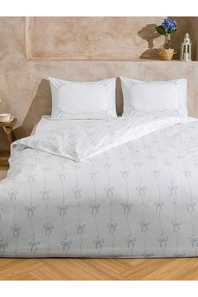 LC Waikiki Bow Patterned Blue Cotton Double Duvet Cover Set