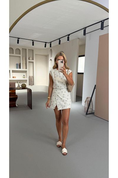 Sezgi Tekin Mink Embroidery Detail Natural Linen Shorts Skirt