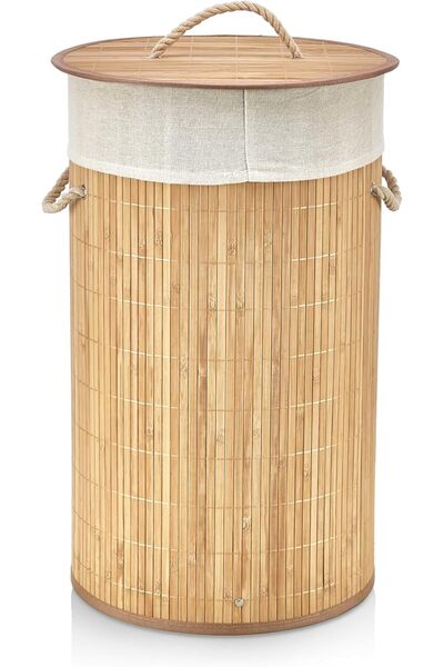 ÖYKÜ VE YİĞİT Handmade Wicker Folding Laundry Basket Round 55 Liters (35Cm*35Cm*61Cm), Made of Natural Material