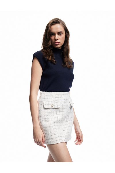 Koton Checkered Buttoned Applique Detailed Mini Tweed Skirt