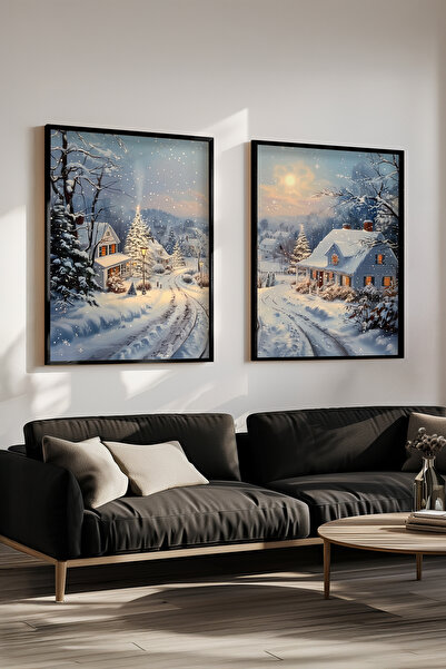 STARYUNA Картина з ефектом олійного фарбування, з вінтажним зимовим пейзажем, набір з 2 картин в чорній дерев'яній рамі Yuna56