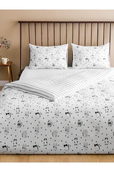 LC Waikiki Black Cat Printed Double Duvet Cover Set