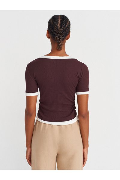 Dilvin 31942 Double Layer Drawstring T-Shirt-Brown