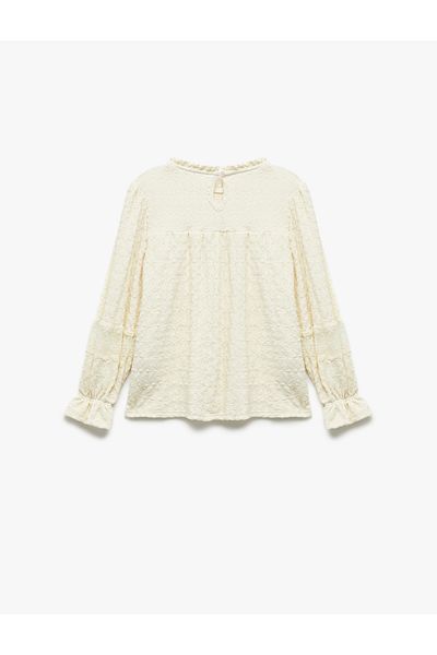 Koton Round Neck Ruffle Long Sleeve Lace Detail Blouse