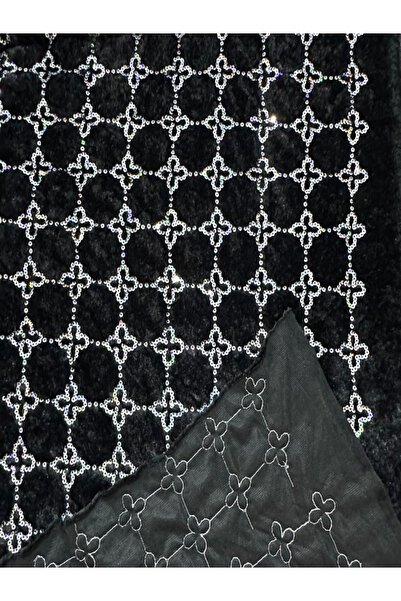 kumaşçıtr Siyah Payet İşlemeli Geometrik Desenli Tay Tüyü Kumaş – Parlak ve Şık Doku – En 150 cm