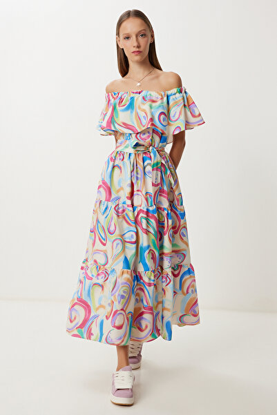 Lovelyİstanbul Φόρεμα με μοτίβο Carmen γιακά LFG0104 ΚΡΕΜ ΡΟΖ