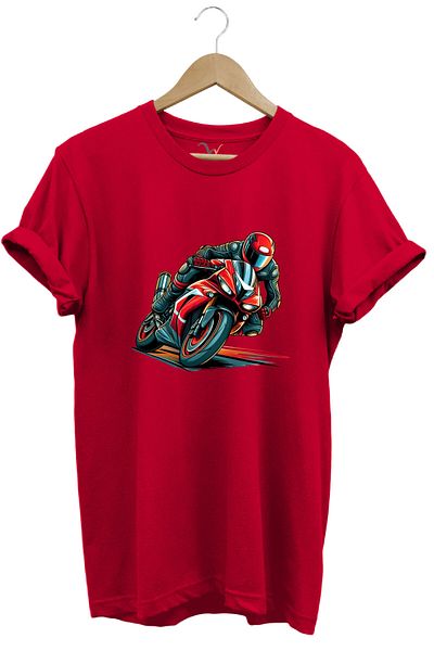 WİDİ Red Racing Motorcycle Printed 100% Cotton Regular Fit Unisex T-Shirt