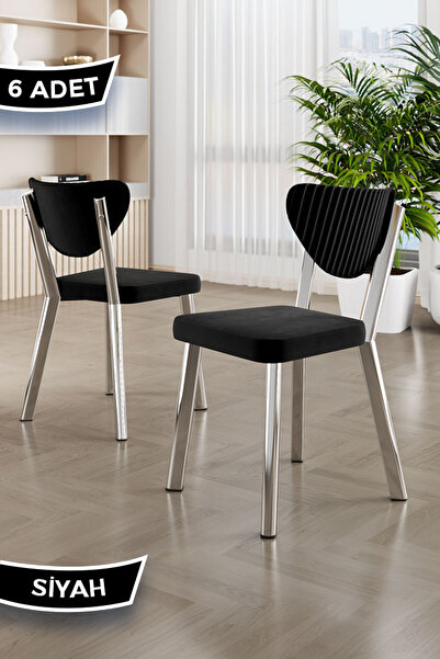 Canisa Arfe Serisi 6 Adet Siyah Mutfak Sandalyesi Krom Kaplama Metal Ayak 1. ...