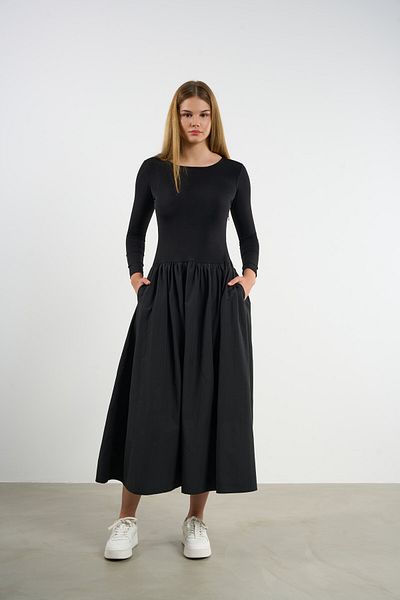 HANIQA Rochie de damă din bumbac pieptănat cu mâneci lungi cu buzunare Princess Cut - 36-50 |   25216