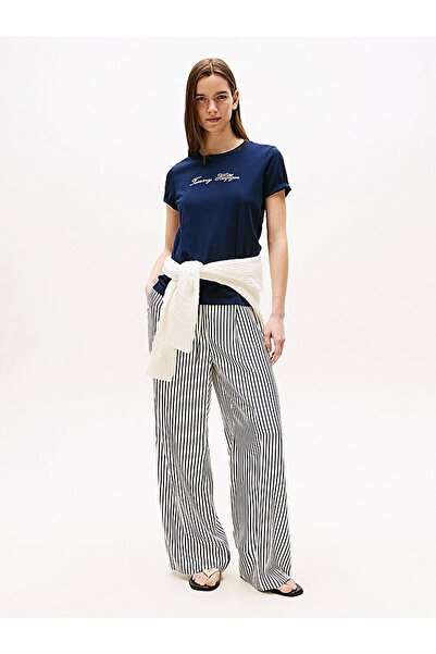 Tommy Hilfiger Kadın Simli Yazı Baskılı Normal Kesim Kısa Kollu Mavi T-shirt ...