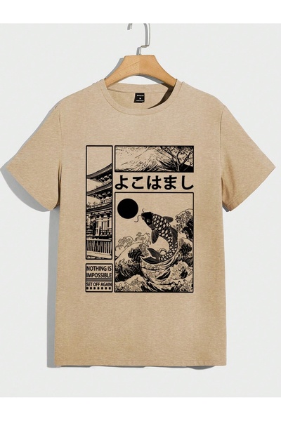 MOVİMENT Ανδρικό μπλουζάκι με λαιμόκοψη σε μπεζ χρώμα με λεπτομέρεια εκτύπωσης με εφέ Ιαπωνίας στο μπροστινό μέρος