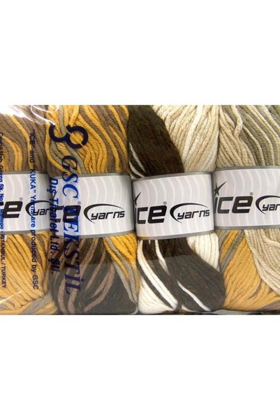 Ice yarns مجموعة من 4 × 100 جرام من خيوط آيس يارنز باتيك تشانكي بألوان بني وأصفر وأبيض