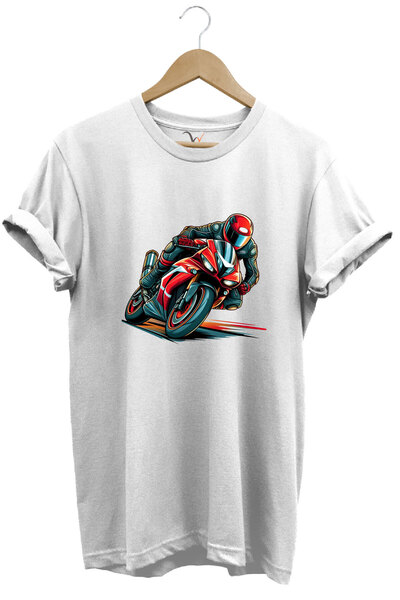 WİDİ Κόκκινο μπλουζάκι μοτοσικλέτας με στάμπα 100% βαμβακερή κανονική εφαρμογ...