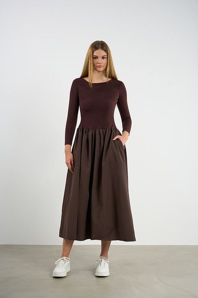 HANIQA Rochie de damă din bumbac pieptănat cu mâneci lungi cu buzunare Princess Cut - 36-50 |   25216