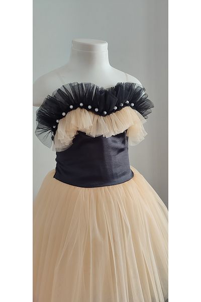 BOZTAŞ BEBE Pearls Ruffle Neckline Evening Dress & Dress & Birthday & Wedding & Graduation