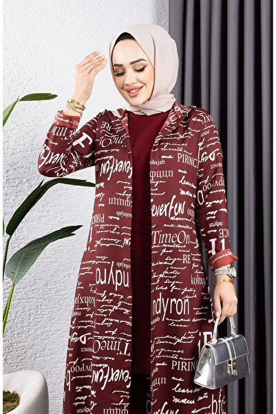 sefamerve Written 3 Piece Hijab Set 4012-08 Cherry