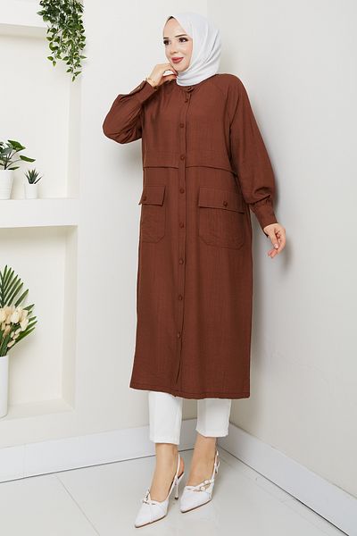 Pamuk Butik Women's Pocket Robe Button Closure Wear and Take Off Cap