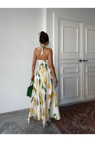 LİSAA BUTİK Sarı yeşil çiçek desenli boyundan bağlamalı lucas elbise