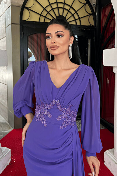 giyimmasalı Rochie de seară din țesătură șifon cu mărgele brodate și detaliu șal - PURPLE