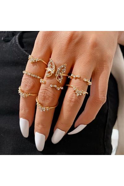 REDz Accessories Set de inele cu coroană de cristal, pentru femei, aspect la modă, oțel inoxidabil, auriu