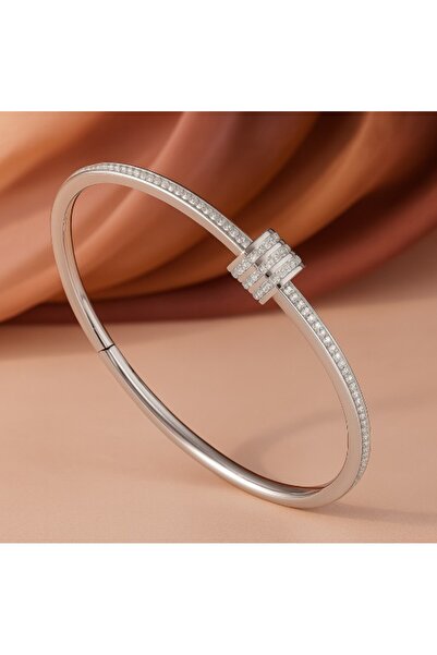 REDz Accessories Brățară elegantă de damă, model rigid cu cristale de zirconiu, trei inele decorative, argint