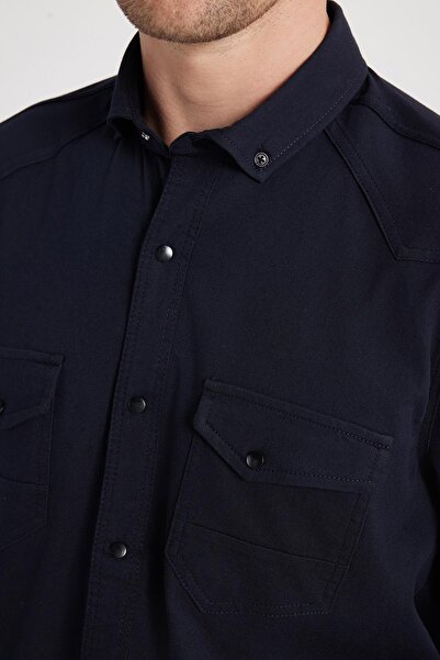 Tudors Erkek Regular Fit Rahat Kesim Çift Cepli Spor Yaka Denim Lacivert Gömlek