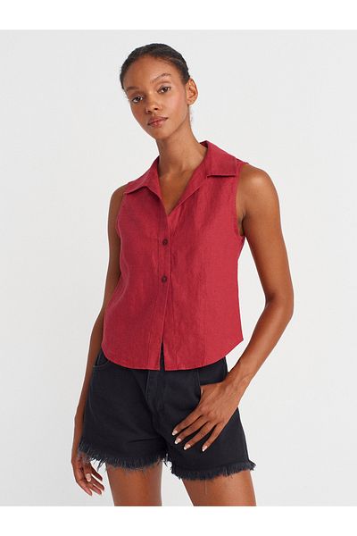 Dilvin 50511 Linen Sleeveless Shirt-Red