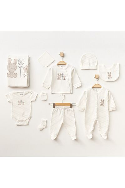 Aziz Bebe Baby Girl Rabbit Patterned 100% Cotton 10' Hospital Release Bodysuit Set 0 Months - 3 Months Size