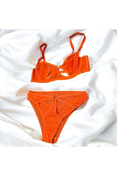Tendora Orange Color Brode Tulle Ring Model Panty Bra Set - Underwear Set