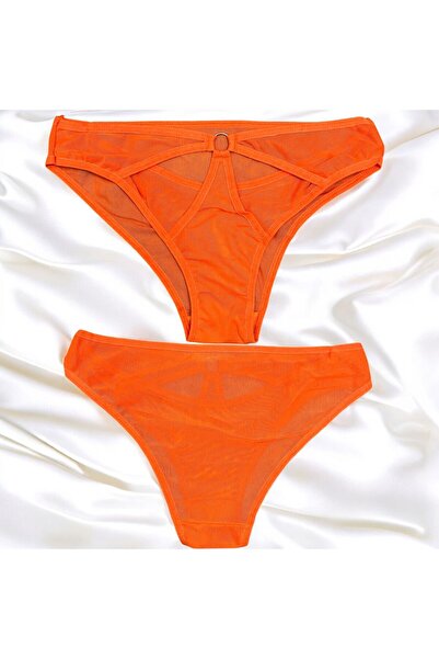 Tendora Orange Color Brode Tulle Ring Model Panty Bra Set - Underwear Set