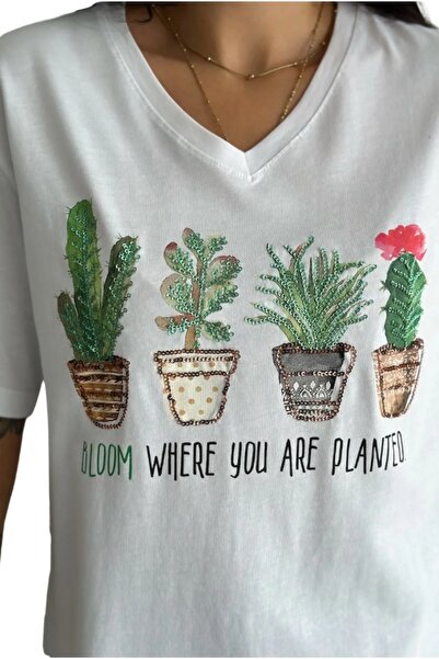 Cassime Women's White 100% Cotton Cactus Sequin Embroidered Large Size T-Shirt