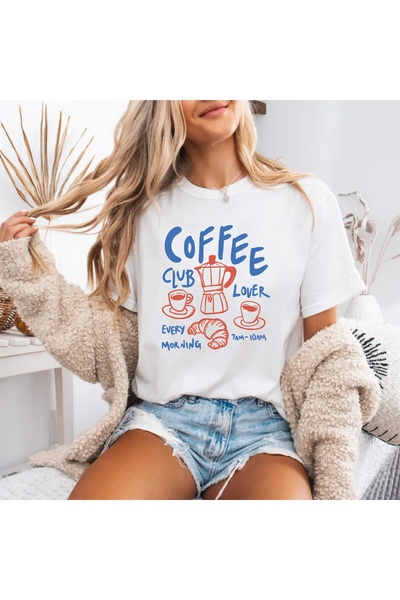 Hediyenza Coffee Lover Club Printed Oversize T-Shirt Unisex 100% Cotton