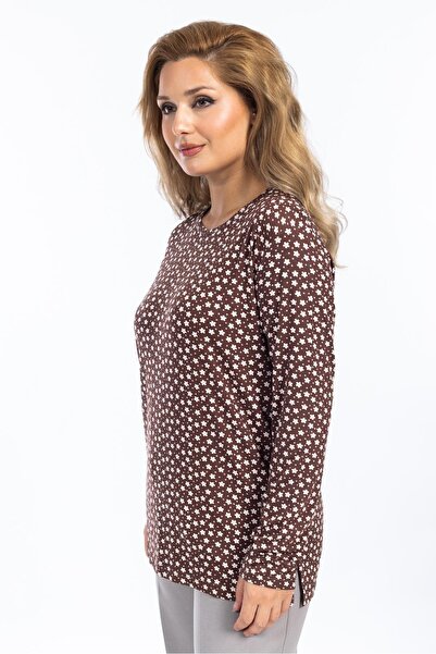 Mutlu City Γυναικεία χτενισμένη βαμβακερή μπλούζα με λουλουδάτο μοτίβο με στρογγυλή λαιμόκοψη 6541