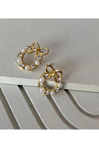 juleeco Mini Elegant Bow Zircon Stone Pearl Gold Earrings (1.5X1.5 cm)