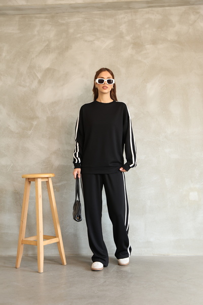 sportiness Set de trening din țesătură modal cu picioare largi, cu detaliu de dungi