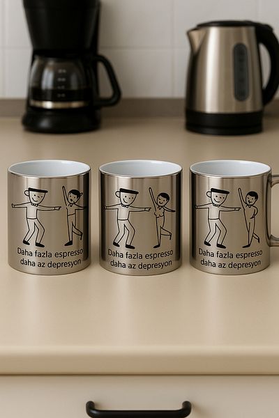 çokaş Pack of 3 Lettering Print Large Size Silver Tea Mug Cups