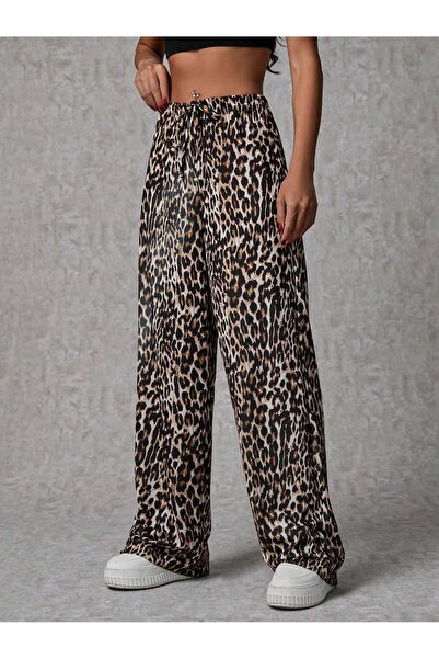 ZEYNEP RANA Kadın Leopar Desenli Bağlamalı Uzun Pantolon