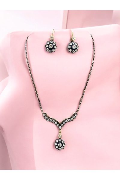 FUYA JEWELLERY Çiçek Motif Taşlı Kolye, Küpe Set